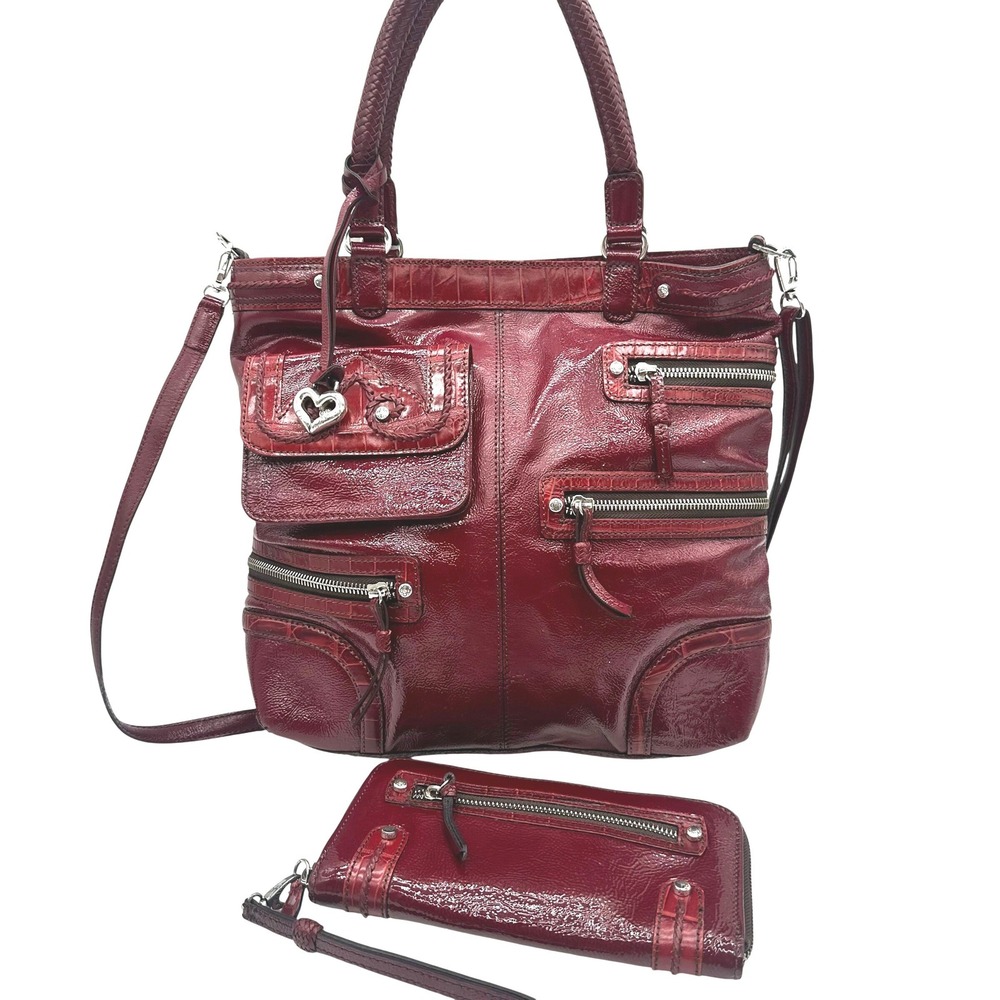 Vintage Y2K Brighton Kaelan Burgundy Patent Leather/Croc Bag Purse Wallet Set